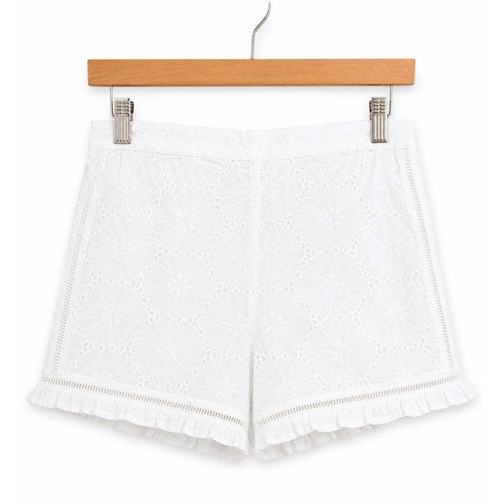J.O.A Los Angeles White Eyelet Lace Shorts High Waist Ruffle Hem Retro Feminine